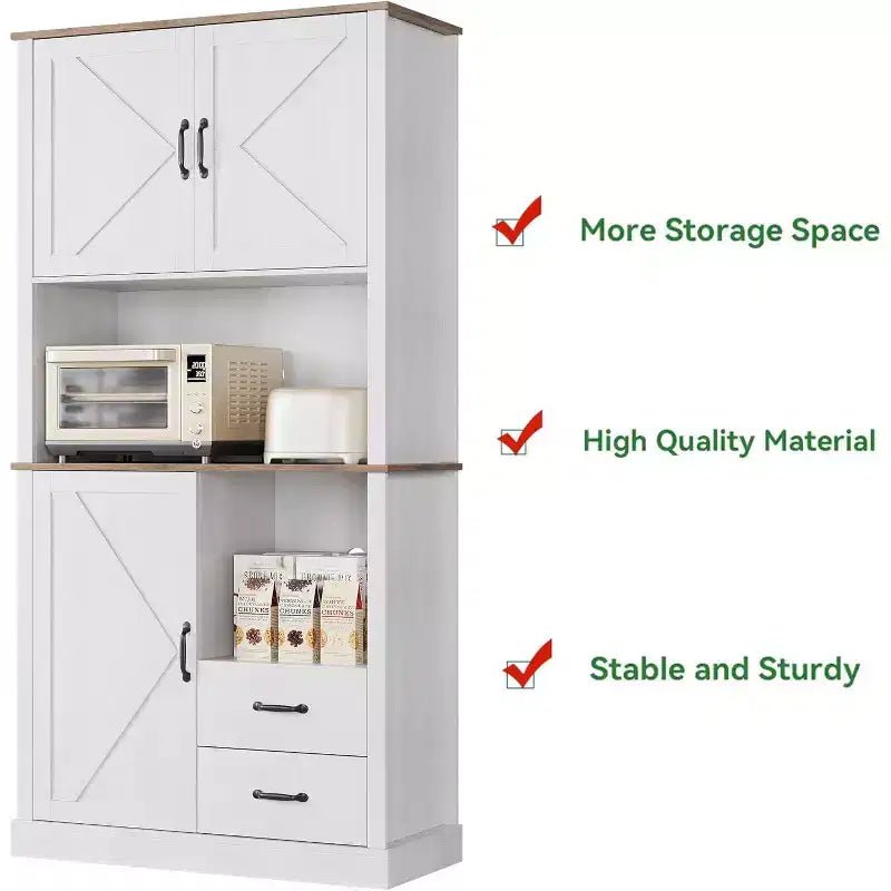 Stylish Kitchen Pantry Cabinet with Microwave Stand, Tall Hutch with Drawers & Shelves, Perfect Storage Solution for Dining and Living Rooms