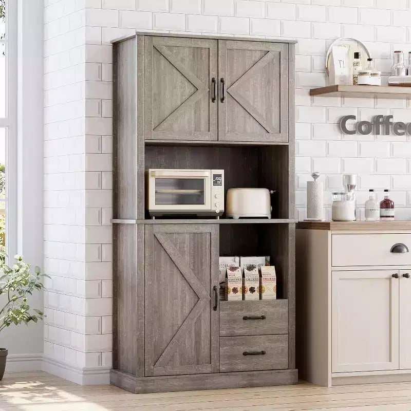 Stylish Kitchen Pantry Cabinet with Microwave Stand, Tall Hutch with Drawers & Shelves, Perfect Storage Solution for Dining and Living Rooms