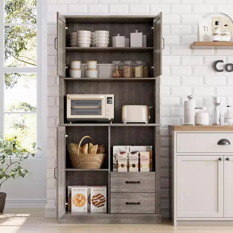 Stylish Kitchen Pantry Cabinet with Microwave Stand, Tall Hutch with Drawers & Shelves, Perfect Storage Solution for Dining and Living Rooms