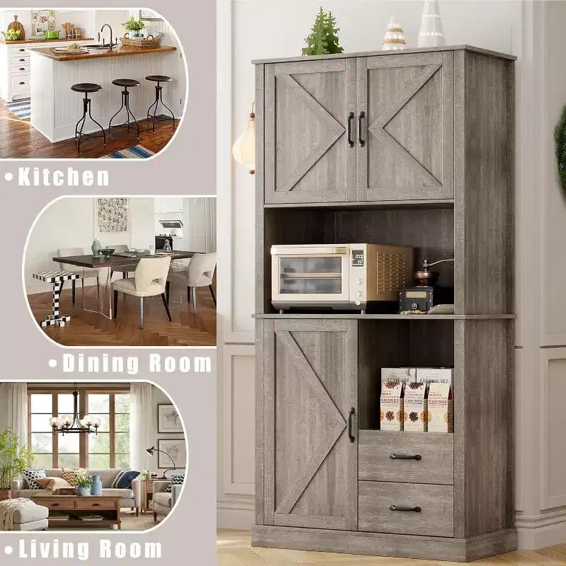 Stylish Kitchen Pantry Cabinet with Microwave Stand, Tall Hutch with Drawers & Shelves, Perfect Storage Solution for Dining and Living Rooms