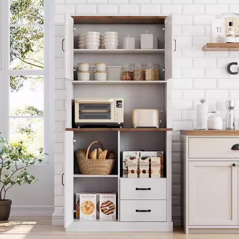 Stylish Kitchen Pantry Cabinet with Microwave Stand, Tall Hutch with Drawers & Shelves, Perfect Storage Solution for Dining and Living Rooms
