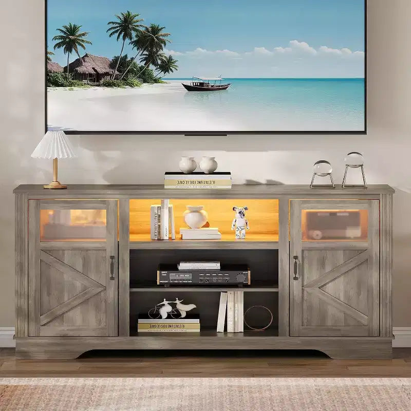 Acekool Farmhouse TV Stand with LED Lights, Elegant Entertainment Center for 65 Inch TVs, with Storage Cabinets and Open Shelves
