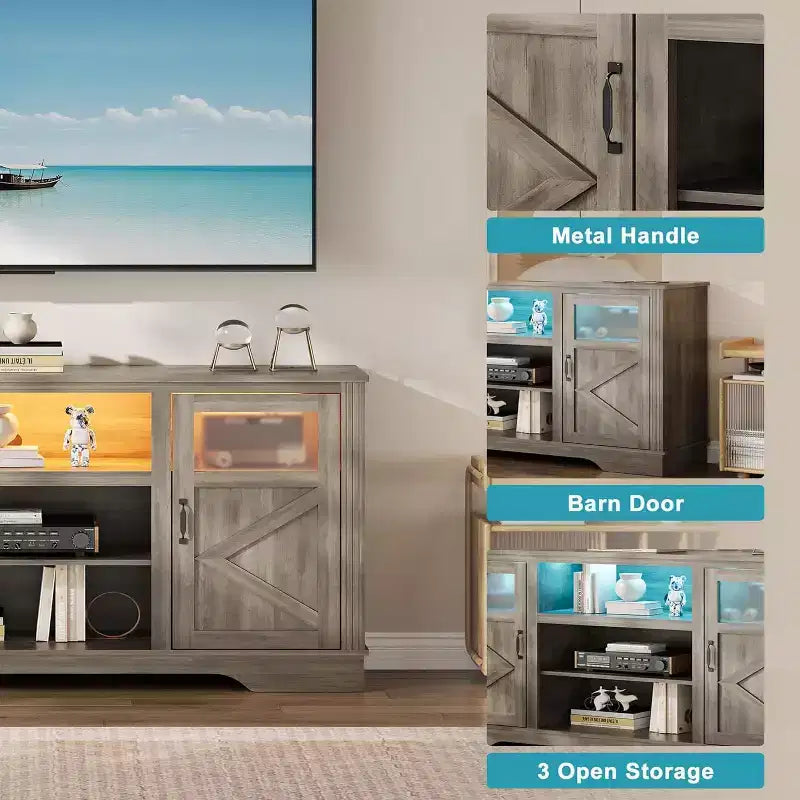Acekool Farmhouse TV Stand with LED Lights, Elegant Entertainment Center for 65 Inch TVs, with Storage Cabinets and Open Shelves