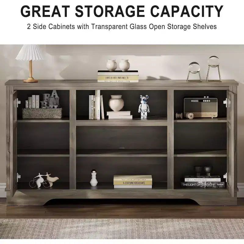 Acekool Farmhouse TV Stand with LED Lights, Elegant Entertainment Center for 65 Inch TVs, with Storage Cabinets and Open Shelves