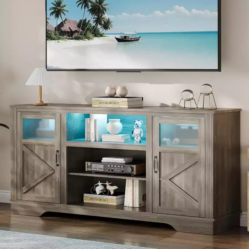 Acekool Farmhouse TV Stand with LED Lights, Elegant Entertainment Center for 65 Inch TVs, with Storage Cabinets and Open Shelves
