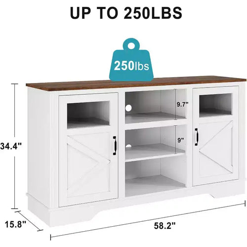 Meuble TV de style ferme Acekool avec lumières LED, centre de divertissement élégant pour téléviseurs de 65 pouces, avec armoires de rangement et étagères ouvertes