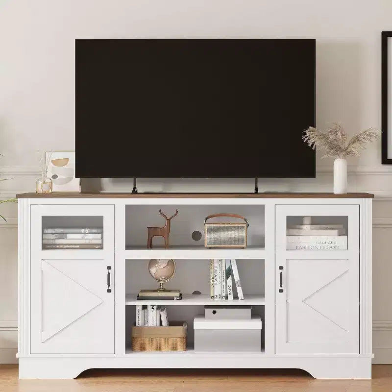 Acekool Farmhouse TV Stand with LED Lights, Elegant Entertainment Center for 65 Inch TVs, with Storage Cabinets and Open Shelves