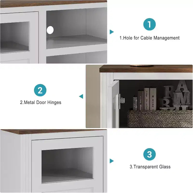 Acekool Farmhouse TV Stand with LED Lights, Elegant Entertainment Center for 65 Inch TVs, with Storage Cabinets and Open Shelves