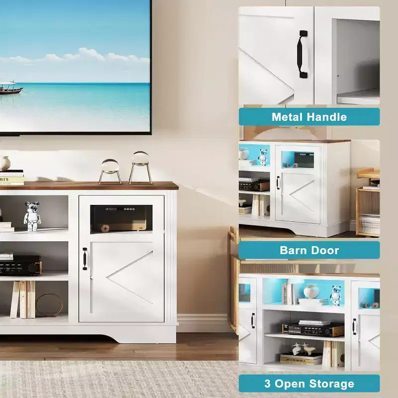 Acekool Farmhouse TV Stand with LED Lights, Elegant Entertainment Center for 65 Inch TVs, with Storage Cabinets and Open Shelves