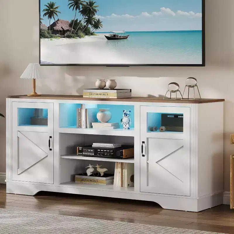 Acekool Farmhouse TV Stand with LED Lights, Elegant Entertainment Center for 65 Inch TVs, with Storage Cabinets and Open Shelves