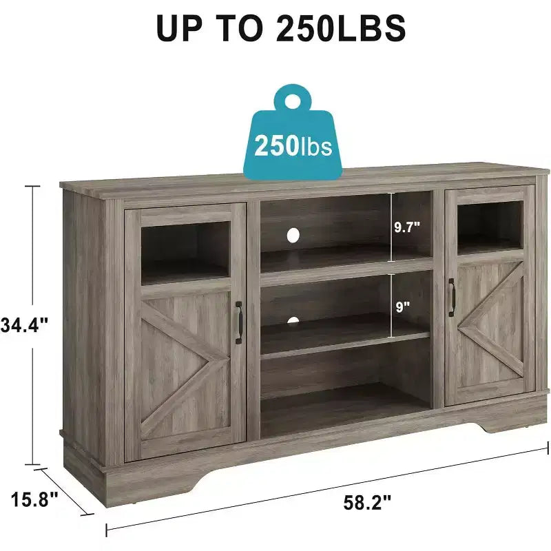 Acekool Farmhouse TV Stand with LED Lights, Elegant Entertainment Center for 65 Inch TVs, with Storage Cabinets and Open Shelves