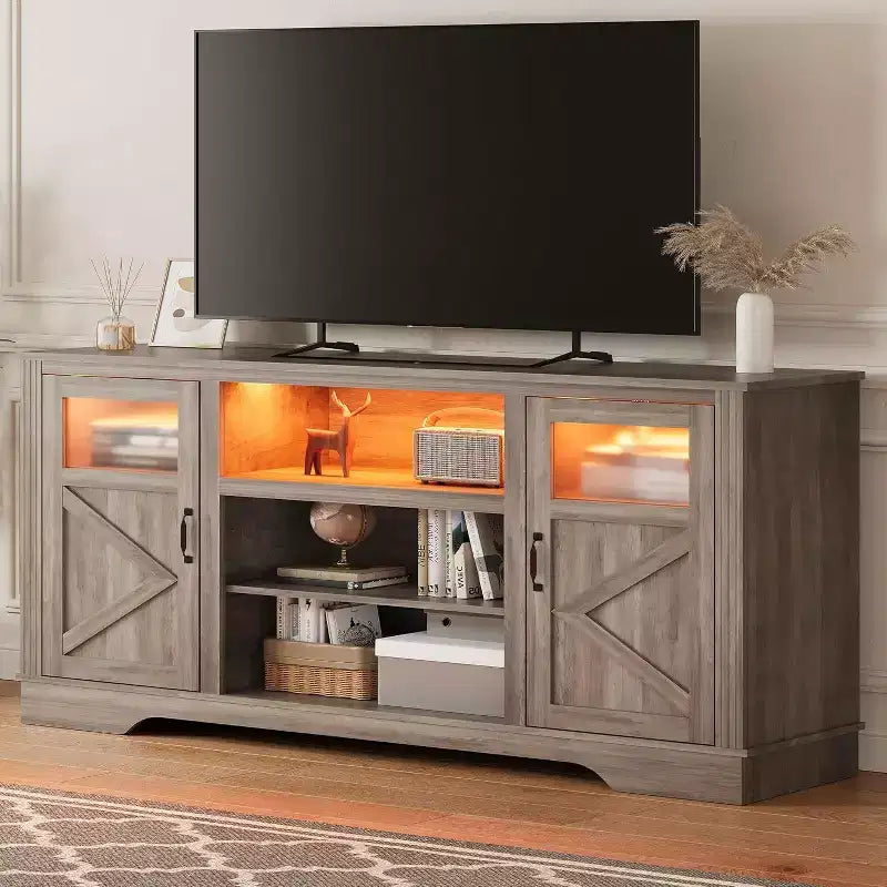 Acekool Farmhouse TV Stand with LED Lights, Elegant Entertainment Center for 65 Inch TVs, with Storage Cabinets and Open Shelves