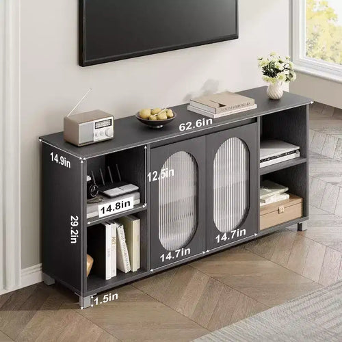Meuble TV moderne Acekool pour téléviseur 70 pouces, console multimédia noire avec portes et étagères en verre, meuble de rangement pour salon