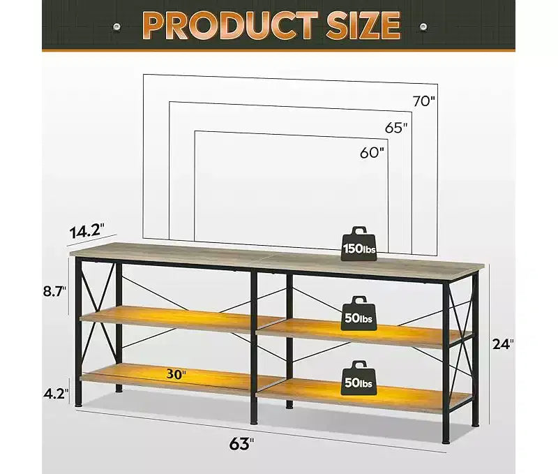 GALAXHERO TV Stand for 65-70 inch TV with LED Lights, Gaming Entertainment Center with Storage, Industrial TV Console for Living Room, Greige