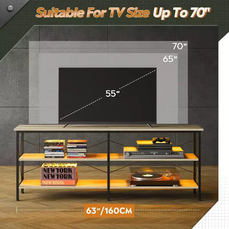 GALAXHERO TV Stand for 65-70 inch TV with LED Lights, Gaming Entertainment Center with Storage, Industrial TV Console for Living Room, Greige