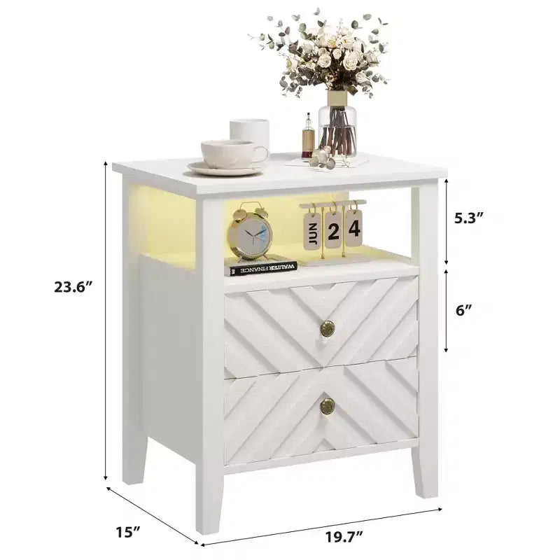 WhizMax Elegant LED Nightstand with 2 Storage Drawer and Remote-Controlled Color Lights - Perfect for Modern Bedrooms