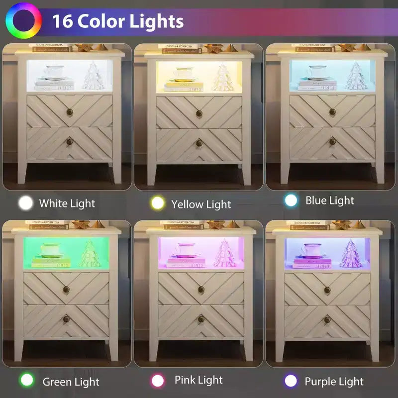 WhizMax Elegant LED Nightstand with 2 Storage Drawer and Remote-Controlled Color Lights - Perfect for Modern Bedrooms