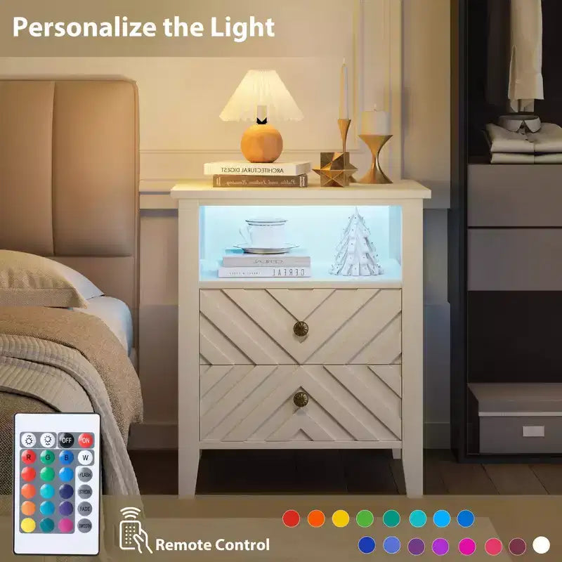 WhizMax Elegant LED Nightstand with 2 Storage Drawer and Remote-Controlled Color Lights - Perfect for Modern Bedrooms