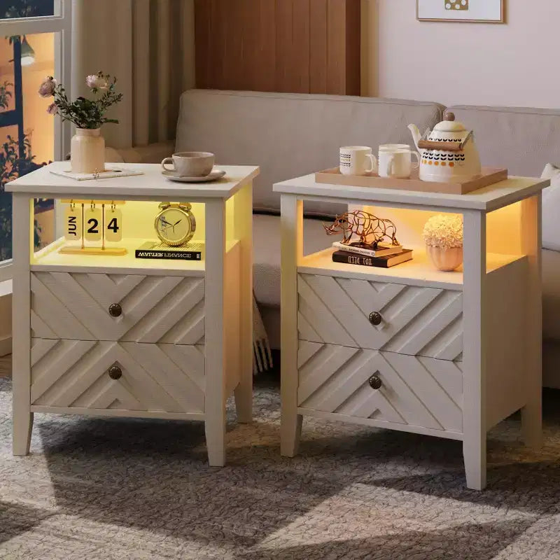WhizMax Elegant LED Nightstand with 2 Storage Drawer and Remote-Controlled Color Lights - Perfect for Modern Bedrooms