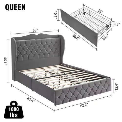 Cadre de lit Acekool rembourré en velours avec 4 tiroirs de rangement et station de charge, design capitonné en losange