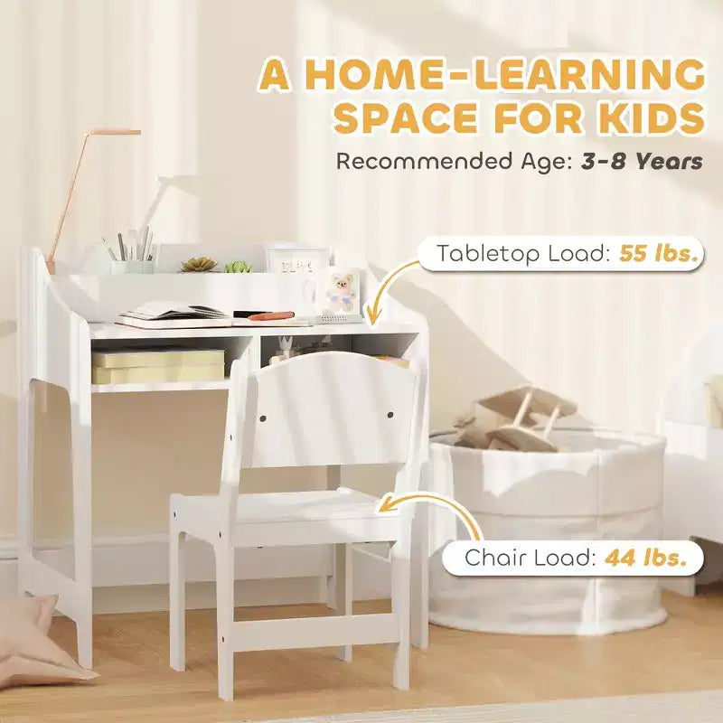 Qaba Kids Desk and Chair Set, Children Study Table with Storage Shelves, Student Writing Desk for Bedroom & Study Room, 3-8 Years Old