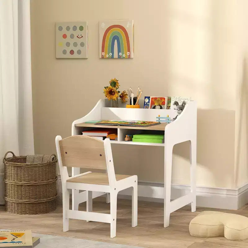 Qaba Kids Desk and Chair Set, Children Study Table with Storage Shelves, Student Writing Desk for Bedroom & Study Room, 3-8 Years Old