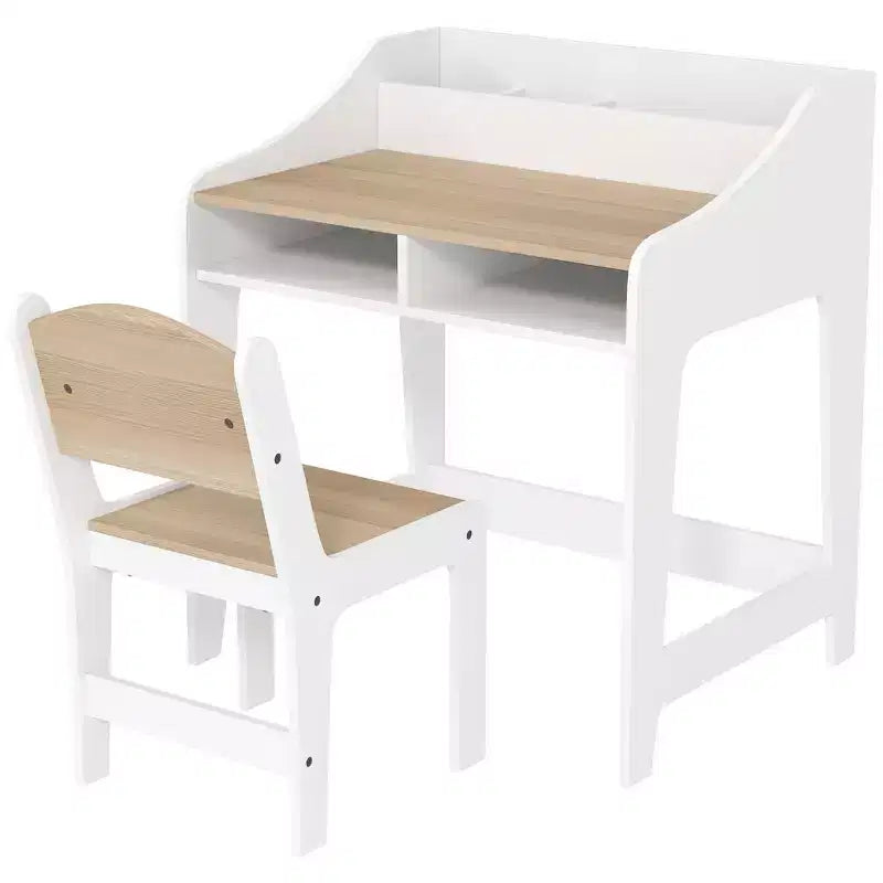 Qaba Kids Desk and Chair Set, Children Study Table with Storage Shelves, Student Writing Desk for Bedroom & Study Room, 3-8 Years Old