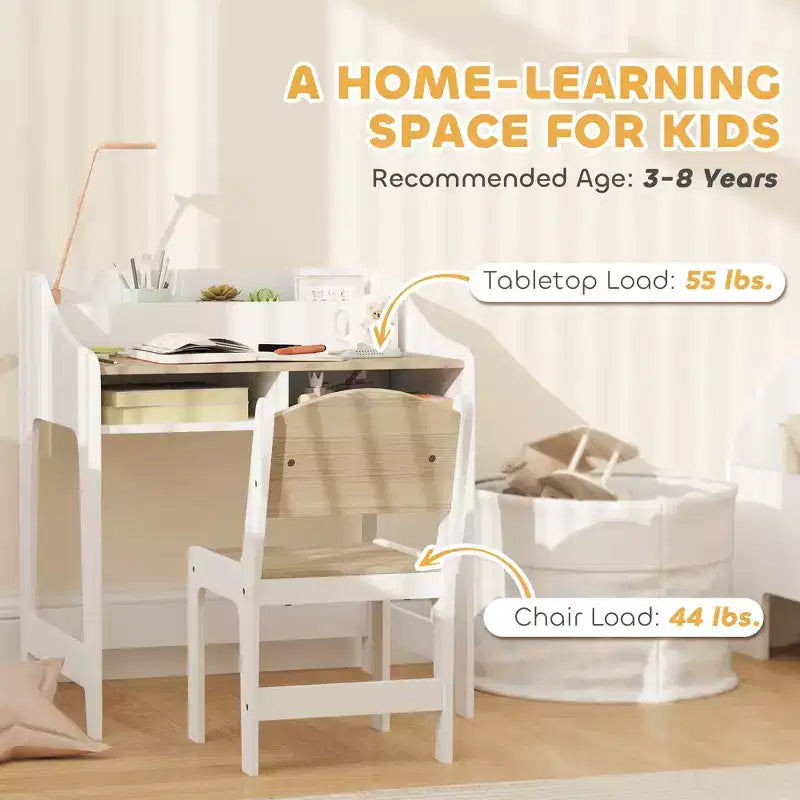 Qaba Kids Desk and Chair Set, Children Study Table with Storage Shelves, Student Writing Desk for Bedroom & Study Room, 3-8 Years Old