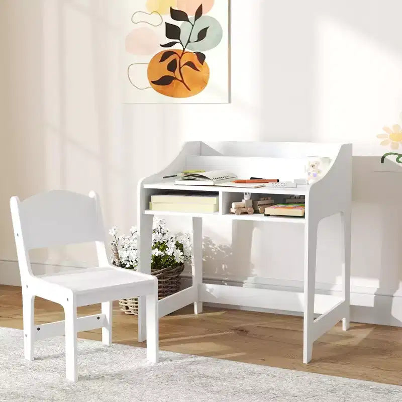 Qaba Kids Desk and Chair Set, Children Study Table with Storage Shelves, Student Writing Desk for Bedroom & Study Room, 3-8 Years Old