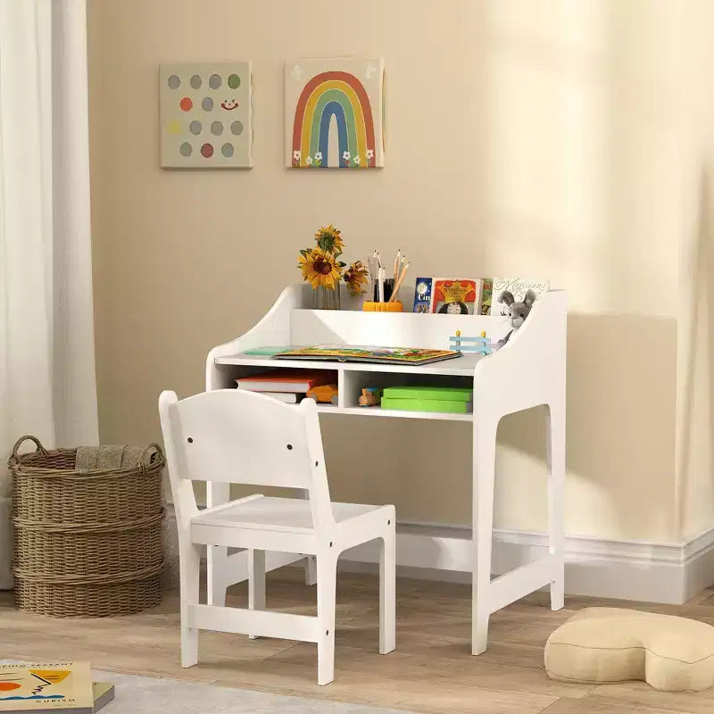 Qaba Kids Desk and Chair Set, Children Study Table with Storage Shelves, Student Writing Desk for Bedroom & Study Room, 3-8 Years Old