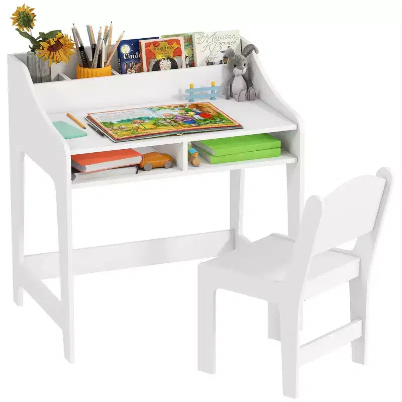 Qaba Kids Desk and Chair Set, Children Study Table with Storage Shelves, Student Writing Desk for Bedroom & Study Room, 3-8 Years Old
