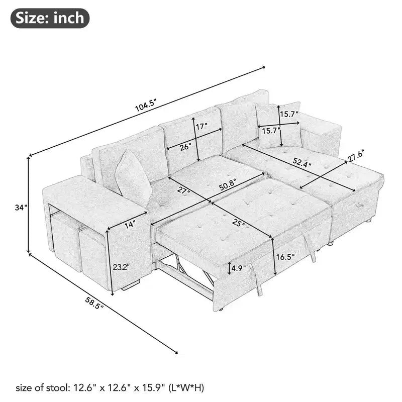 104.5 Reversible L-Shape Sectional Sleeper Sofa with Storage Chaise & 2 Stools - Convertible 3-Seat Sofa Bed for Living Room