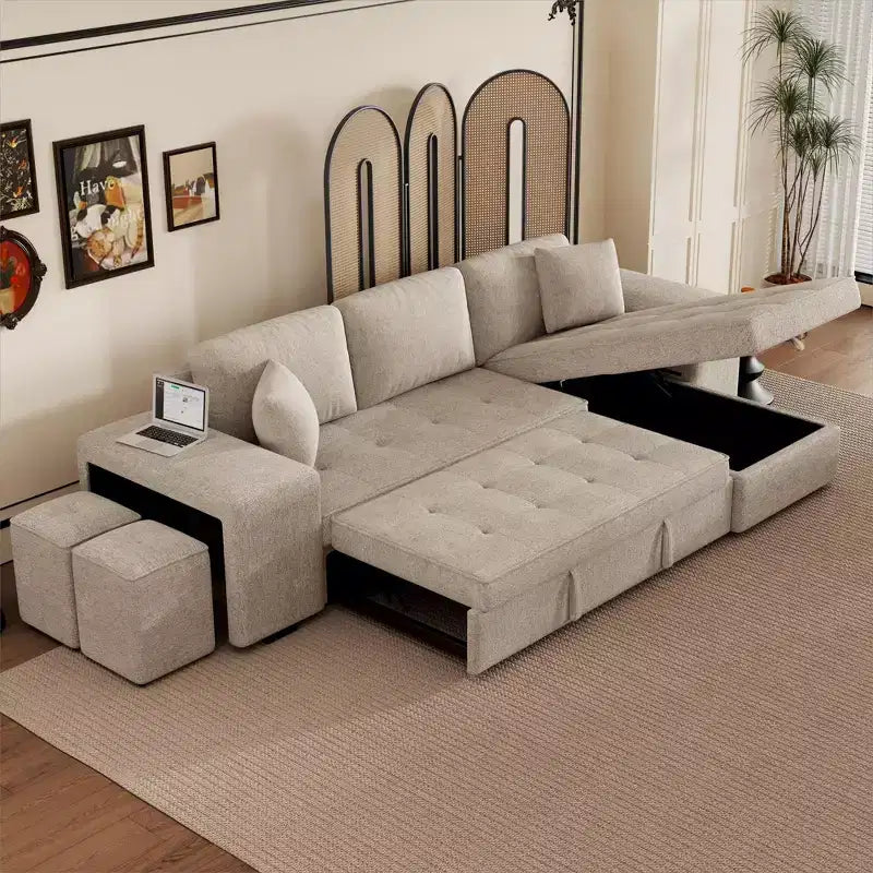 104.5 Reversible L-Shape Sectional Sleeper Sofa with Storage Chaise & 2 Stools - Convertible 3-Seat Sofa Bed for Living Room