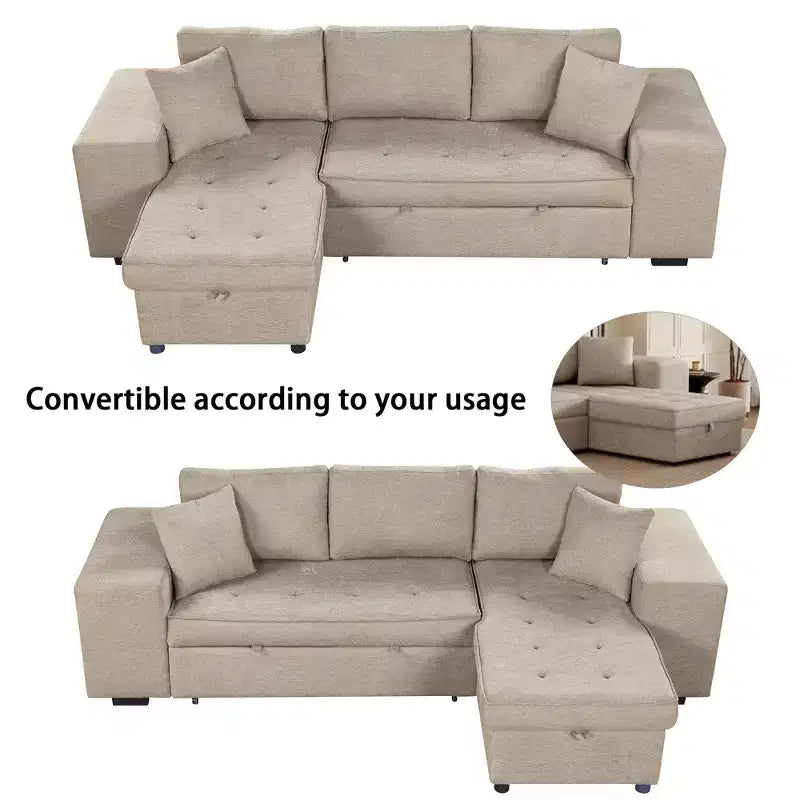 104.5 Reversible L-Shape Sectional Sleeper Sofa with Storage Chaise & 2 Stools - Convertible 3-Seat Sofa Bed for Living Room