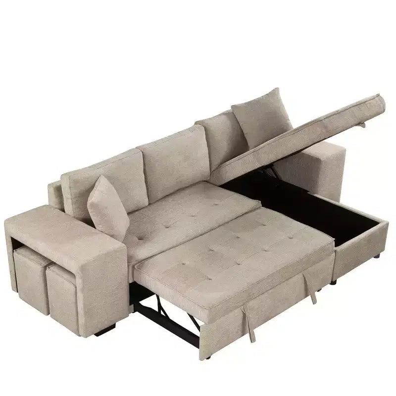 104.5 Reversible L-Shape Sectional Sleeper Sofa with Storage Chaise & 2 Stools - Convertible 3-Seat Sofa Bed for Living Room