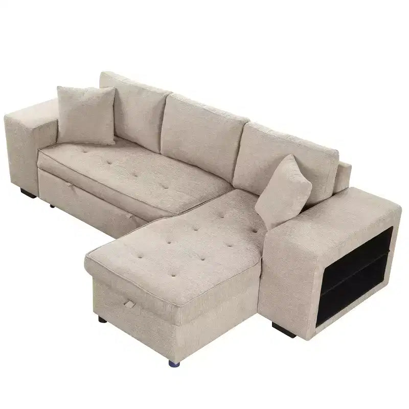 104.5 Reversible L-Shape Sectional Sleeper Sofa with Storage Chaise & 2 Stools - Convertible 3-Seat Sofa Bed for Living Room