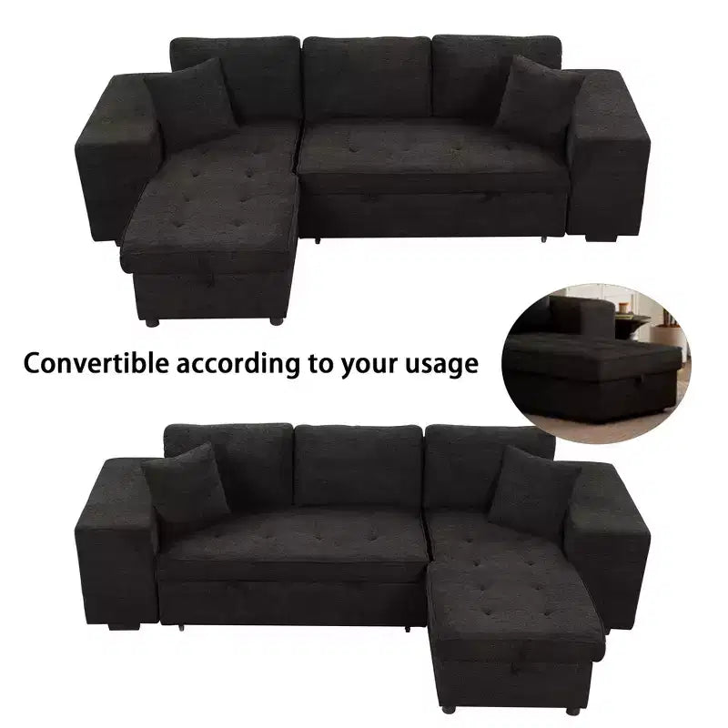104.5 Reversible L-Shape Sectional Sleeper Sofa with Storage Chaise & 2 Stools - Convertible 3-Seat Sofa Bed for Living Room
