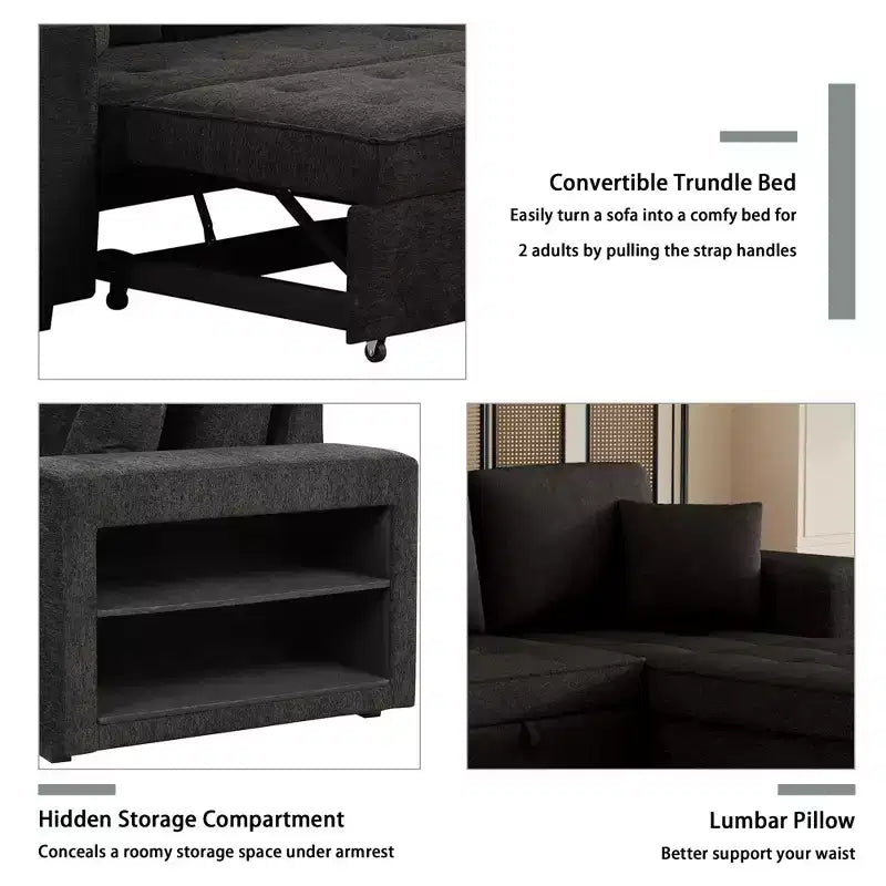 104.5 Reversible L-Shape Sectional Sleeper Sofa with Storage Chaise & 2 Stools - Convertible 3-Seat Sofa Bed for Living Room