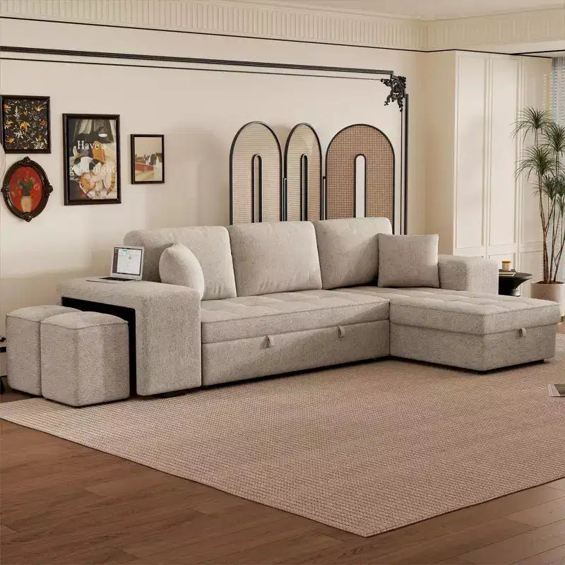 104.5 Reversible L-Shape Sectional Sleeper Sofa with Storage Chaise & 2 Stools - Convertible 3-Seat Sofa Bed for Living Room