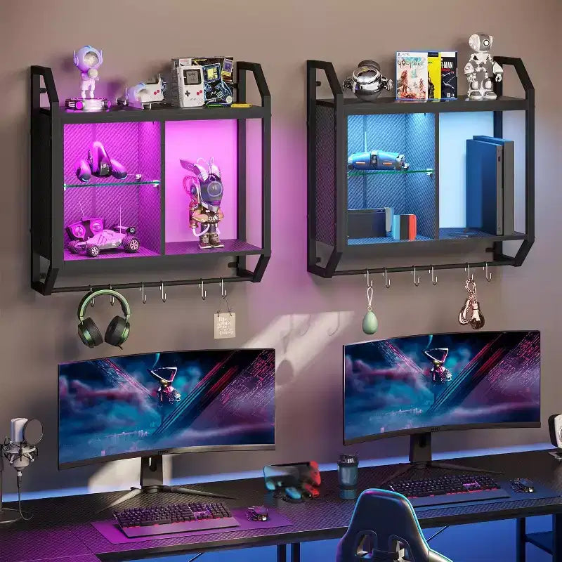Bestier Étagères murales flottantes 25 LED, avec étagères en verre réglables, pour salle de jeu, cuisine, cave à vin, bar à café