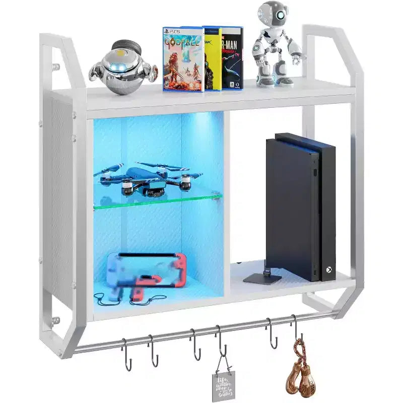 Bestier 25 LED Floating Shelves, Gaming Wall Mounted Shelf with Adjustable Glass Shelves, Gaming Room Decor Storage Kitchen Wine Coffee Bar