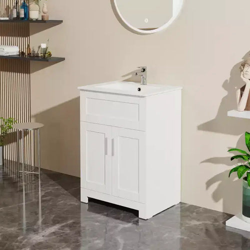 Meuble-lavabo de salle de bain 24 po avec armoire à linge intégrée, blanc