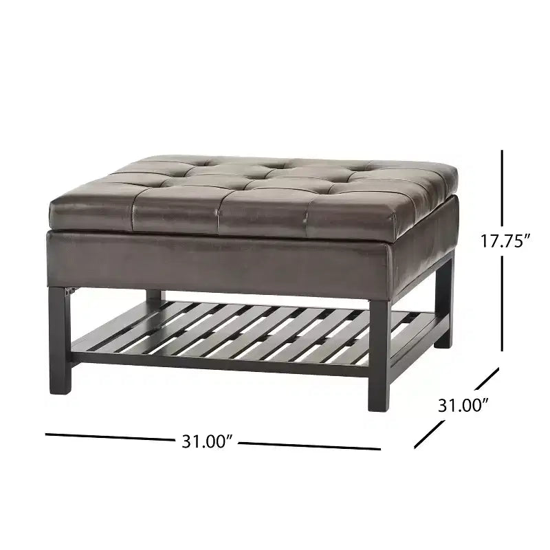 GDFStudio Kilbourne Contemporary Bonded Leather Tufted Storage Ottoman with Shelf, Brown/Dark Brown