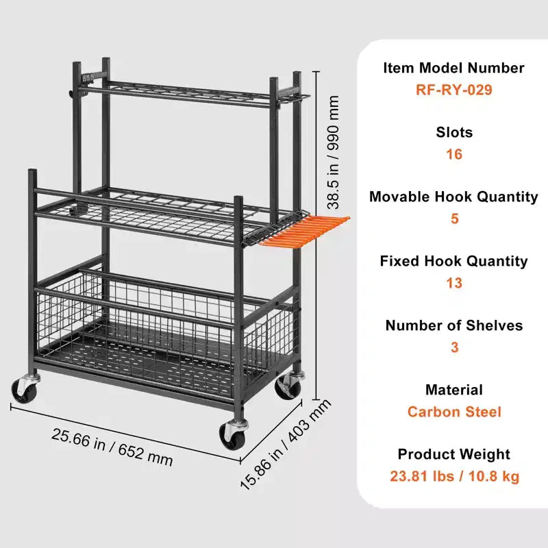 VEVOR Garden Tool Organizer, 16 Slots with Hooks, Yard Tool Tower Rack with Wheels for Garage Organization and Storage, Hold Long-Handled Tool/Rake