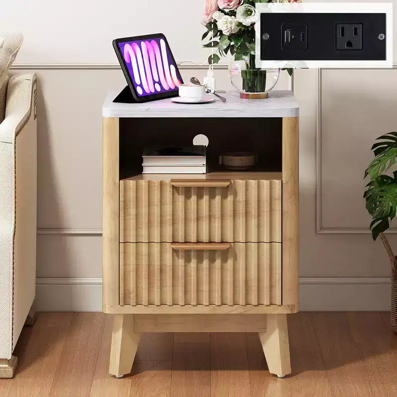 AMERLIFE Fluted Nightstand with Charging Station and Faux Marble Top