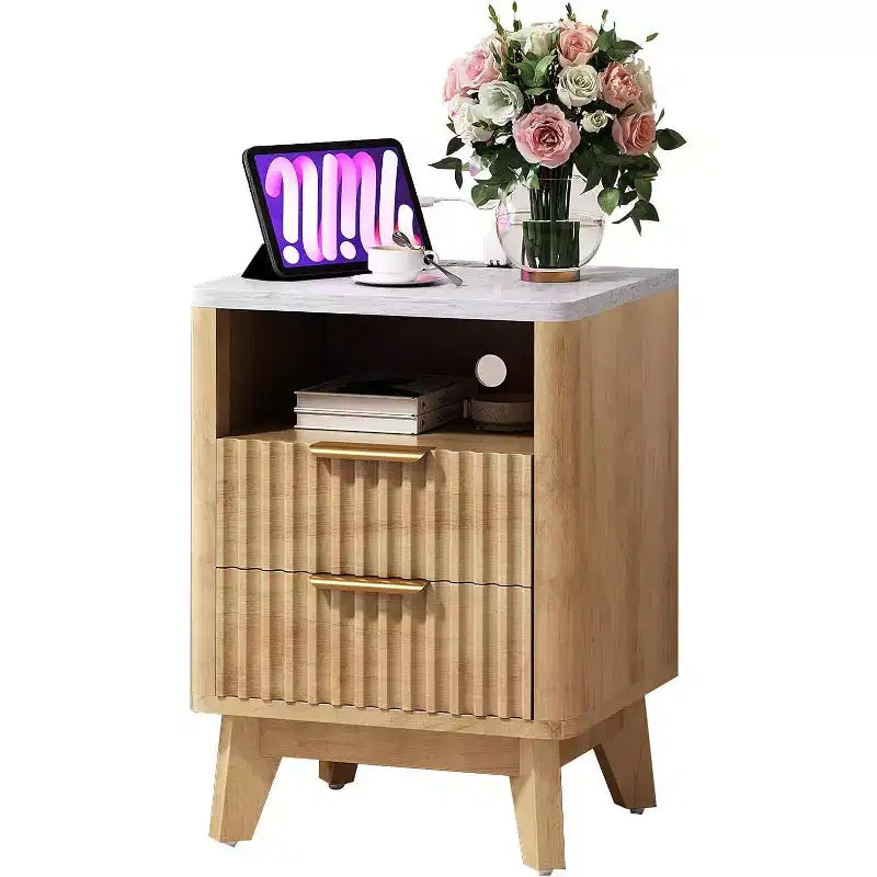 AMERLIFE Fluted Nightstand with Charging Station and Faux Marble Top