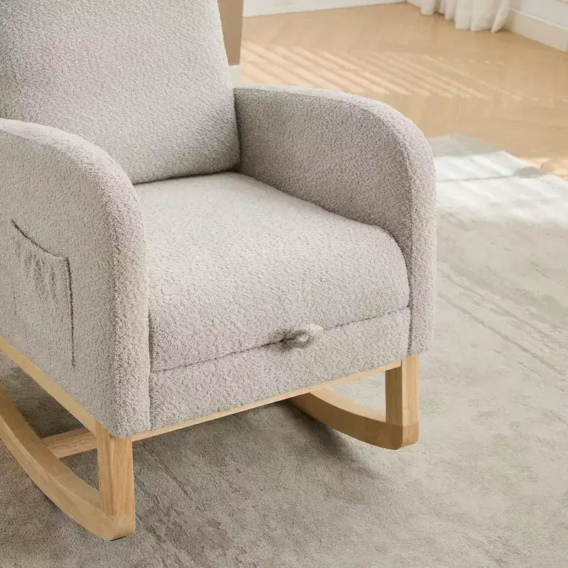 Okak Rocking Accent Chair Living Room Chair with High Back Glider and Side Pocket Retractable Footrest Armchair for Bedroom Nursery