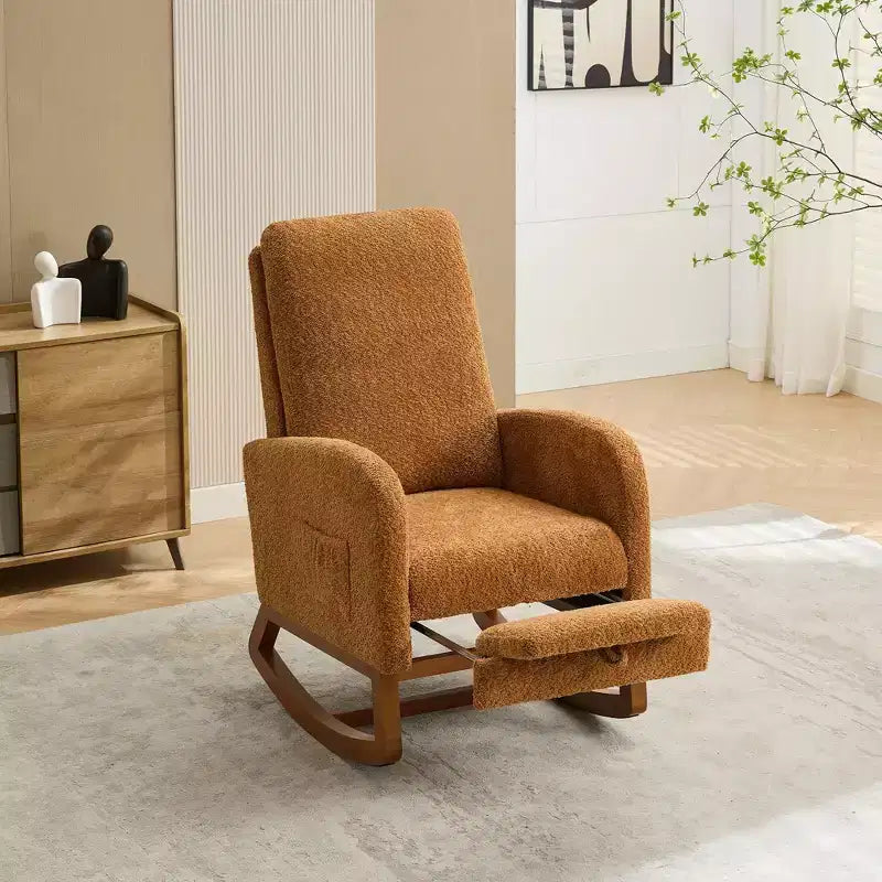 Okak Rocking Accent Chair Living Room Chair with High Back Glider and Side Pocket Retractable Footrest Armchair for Bedroom Nursery