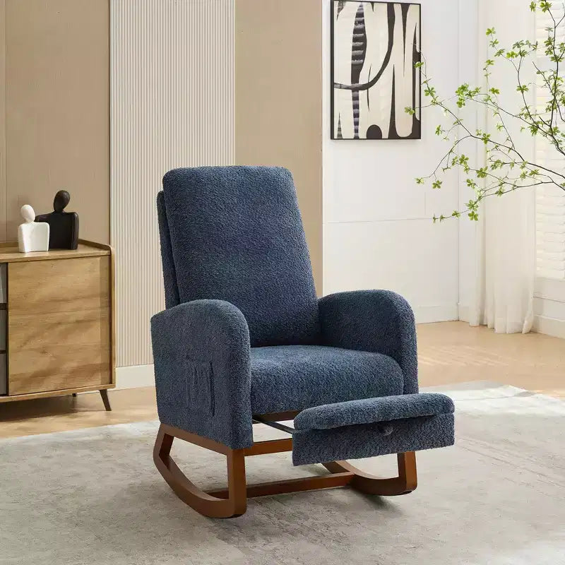 Okak Rocking Accent Chair Living Room Chair with High Back Glider and Side Pocket Retractable Footrest Armchair for Bedroom Nursery