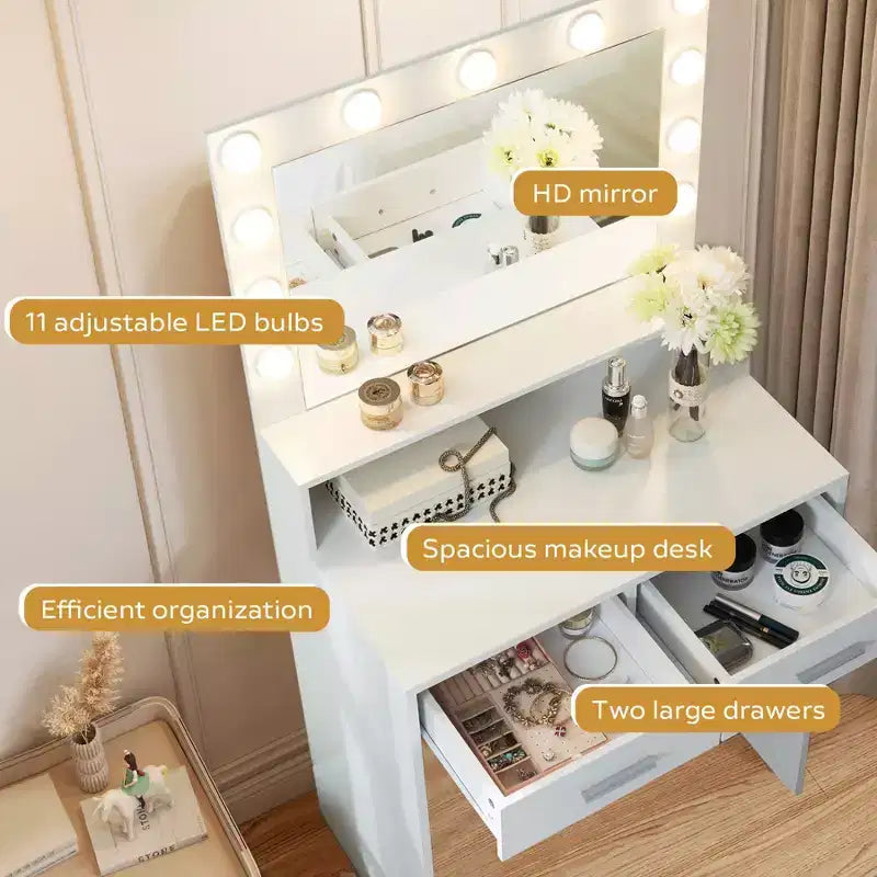Okak 2-Tier Vanity Dresser with Touch Lights, 3 Brightness Levels, Large Drawer & Compact Makeup Table for Small Bedrooms